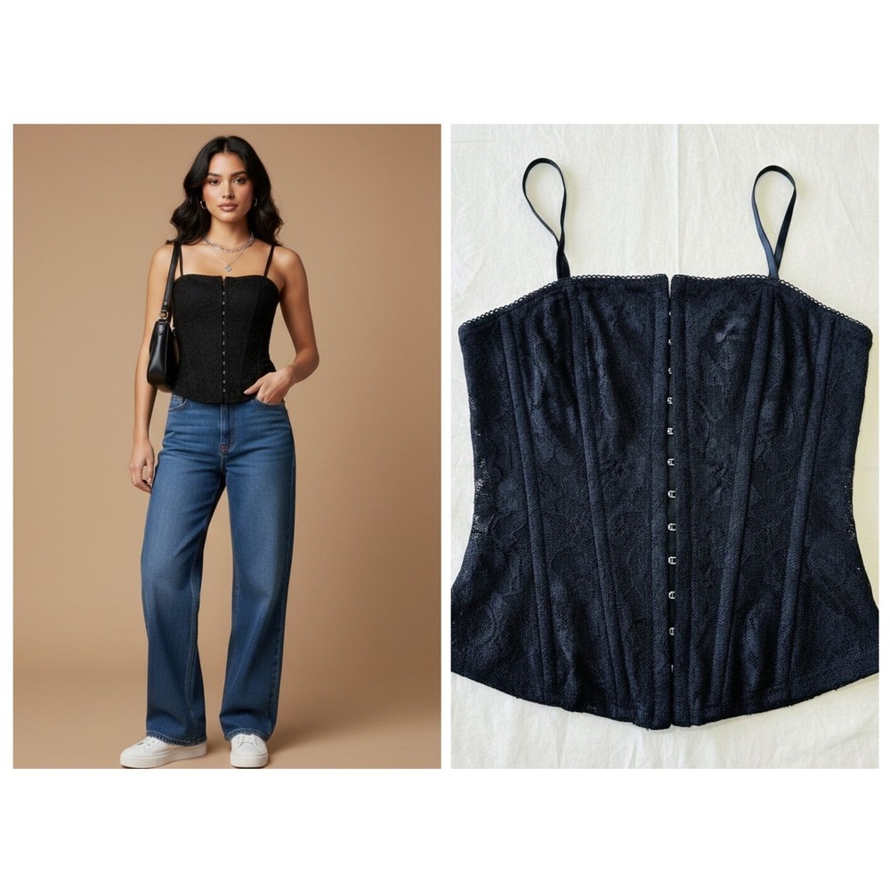 Guess Jeans Corset Top Womens Small Black Lace Hook Eye Vintage Y2K Bustier